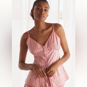 Damson Madder Cosima Strappy Cami Organic Cotton Button Front Red Pink Stripes